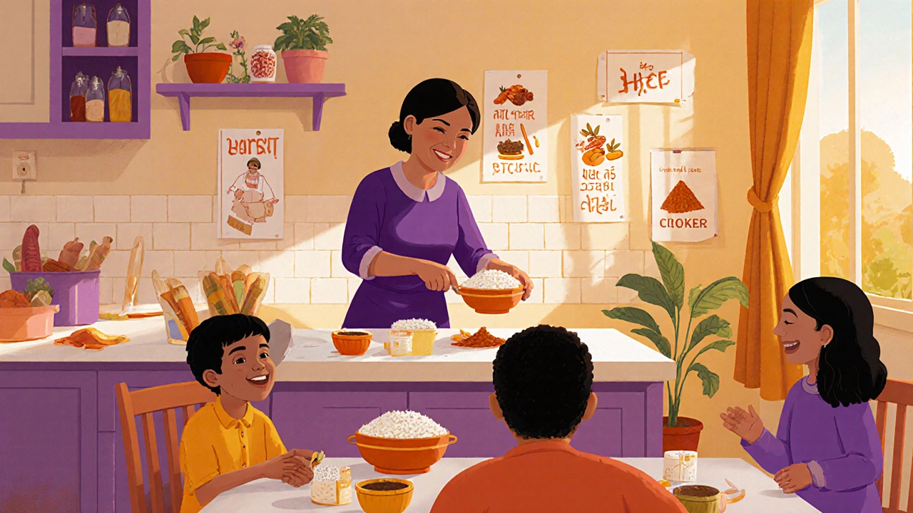 Bilingual cooking class with refugee families learning about portion sizes in a kitchen.