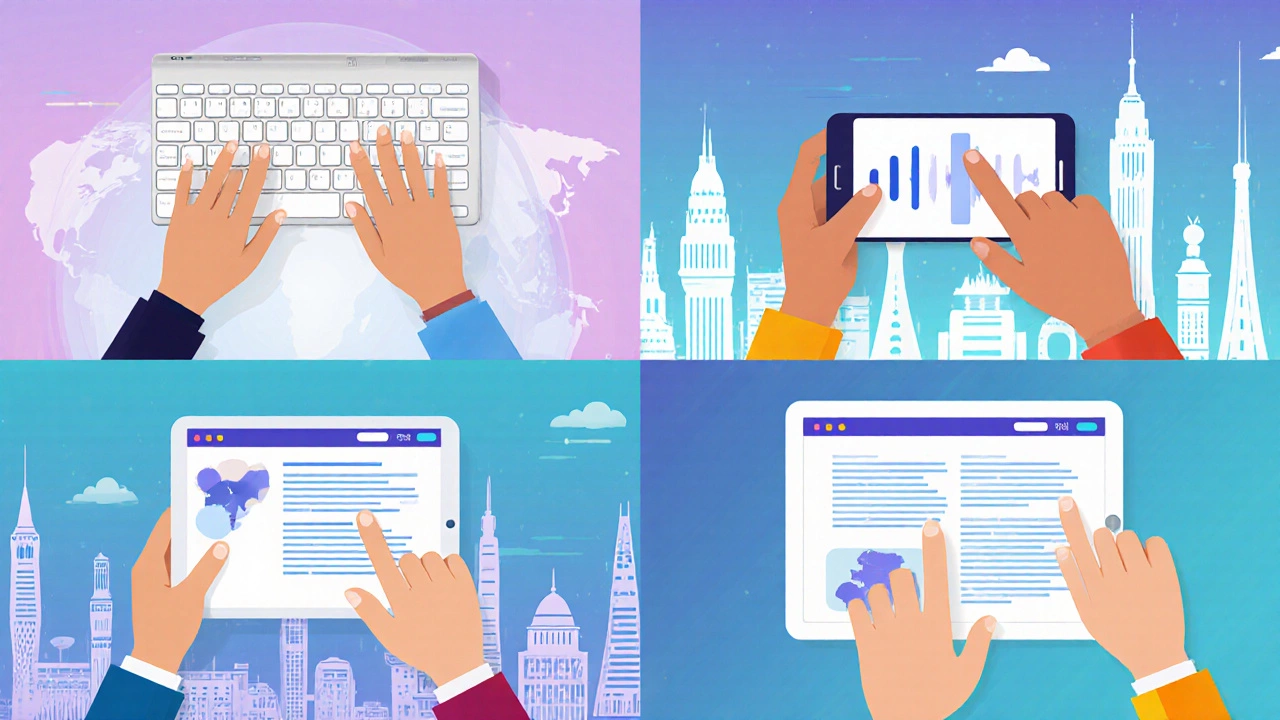 Diverse people performing virtual volunteer tasks like translating, designing, and recording on digital devices.