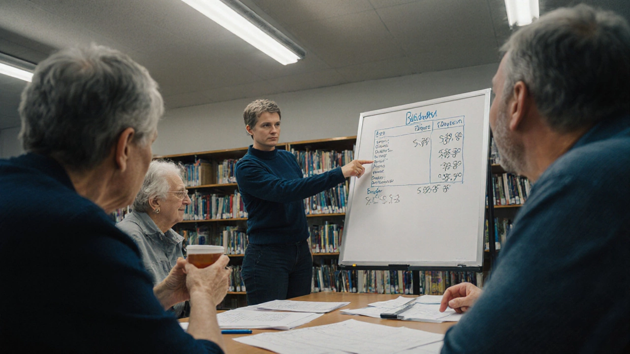 Residents and planner reviewing a budget chart at a library drop-in session.