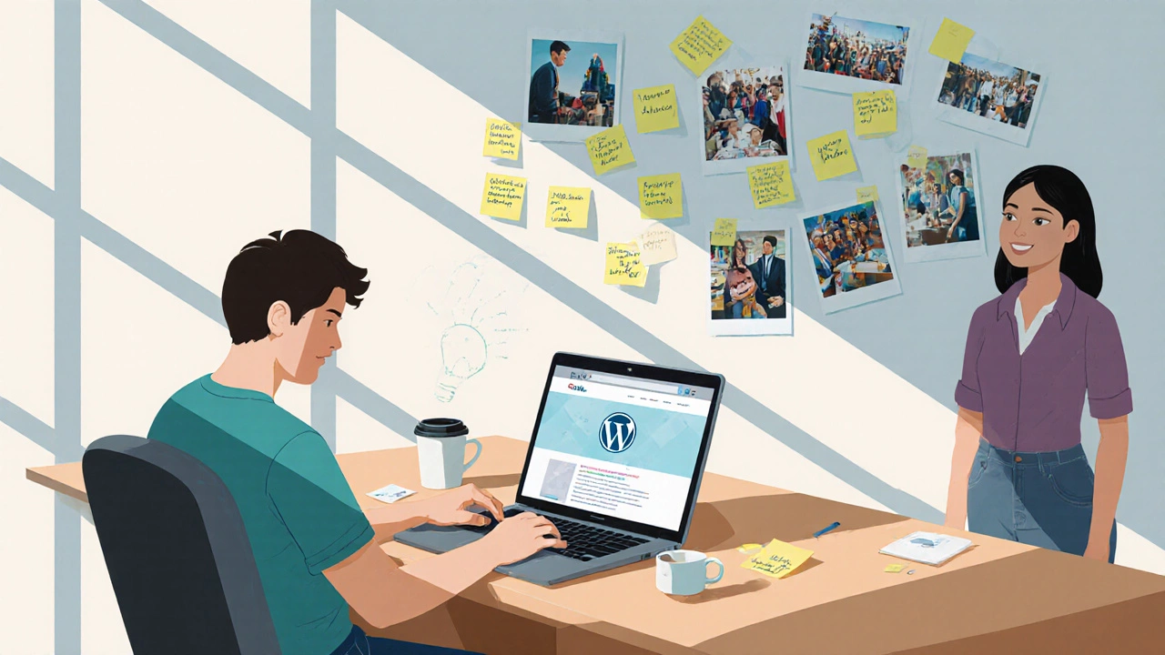 Someone building a nonprofit website at a small office, surrounded by community photos and ideas.