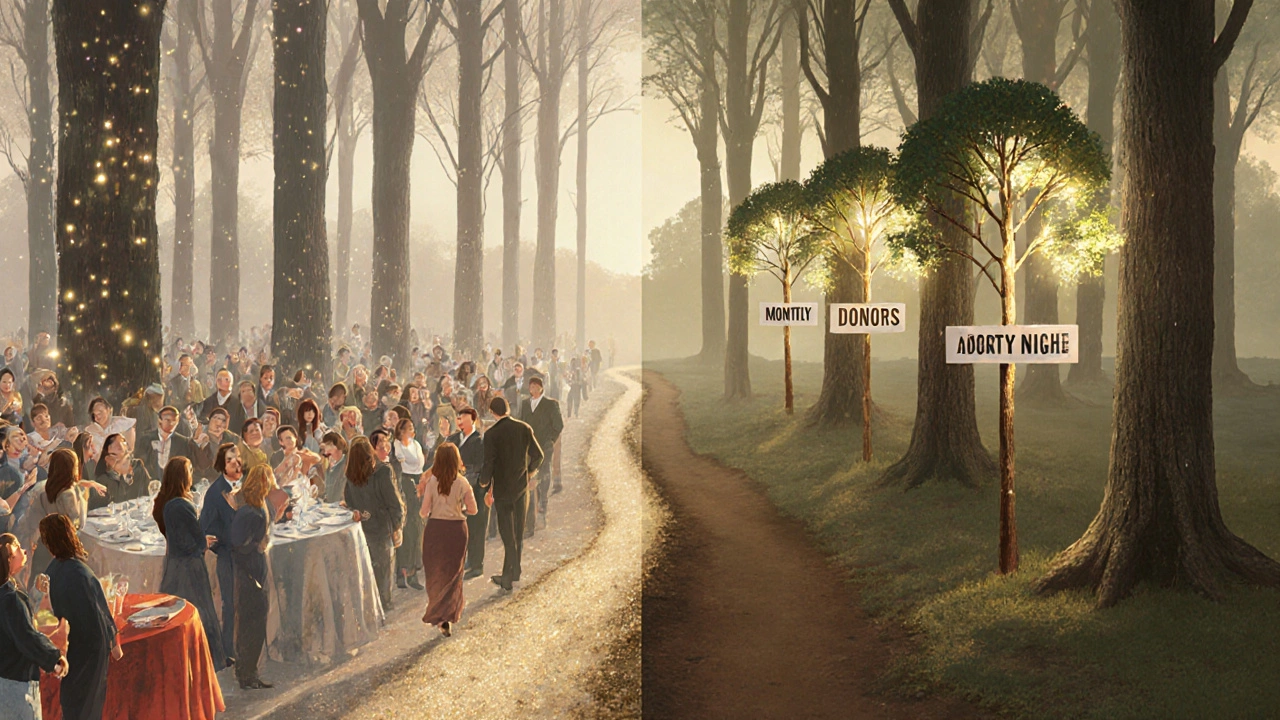 Two paths in a forest: one chaotic with event chaos, the other peaceful with sustainable fundraising symbols.