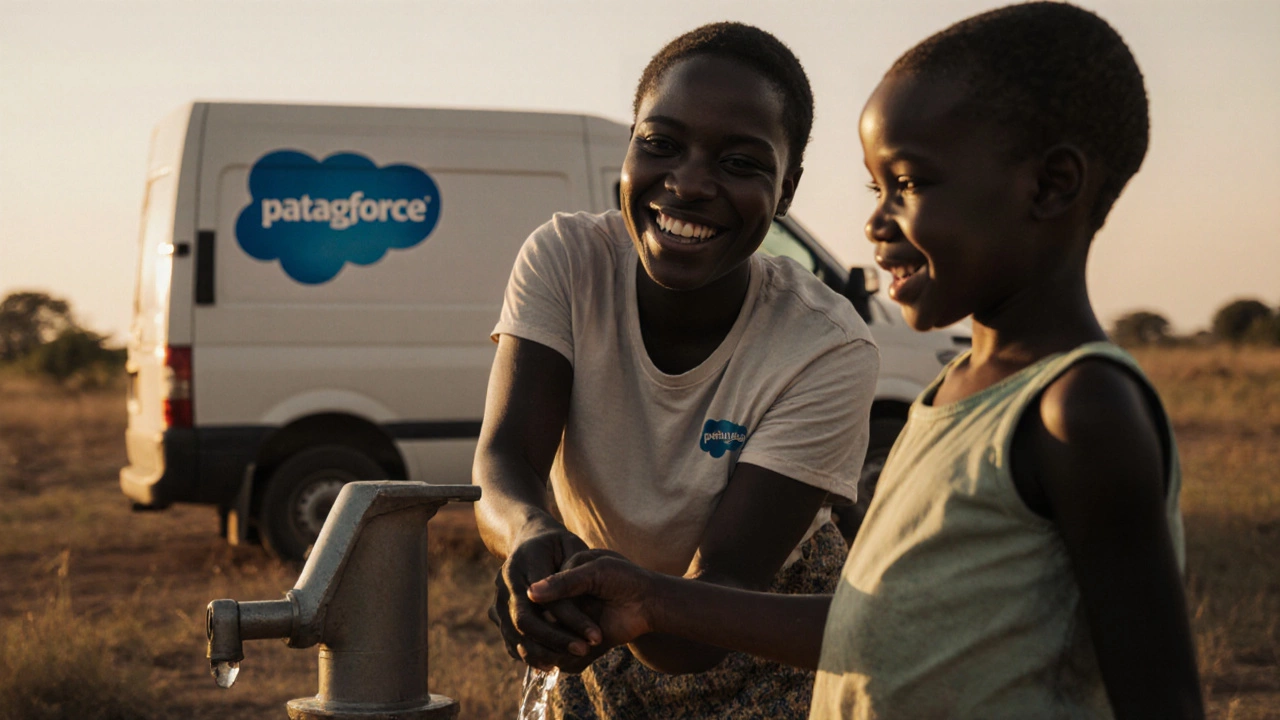 Volunteer handing a water pump to a child in Africa, corporate van visible in background.