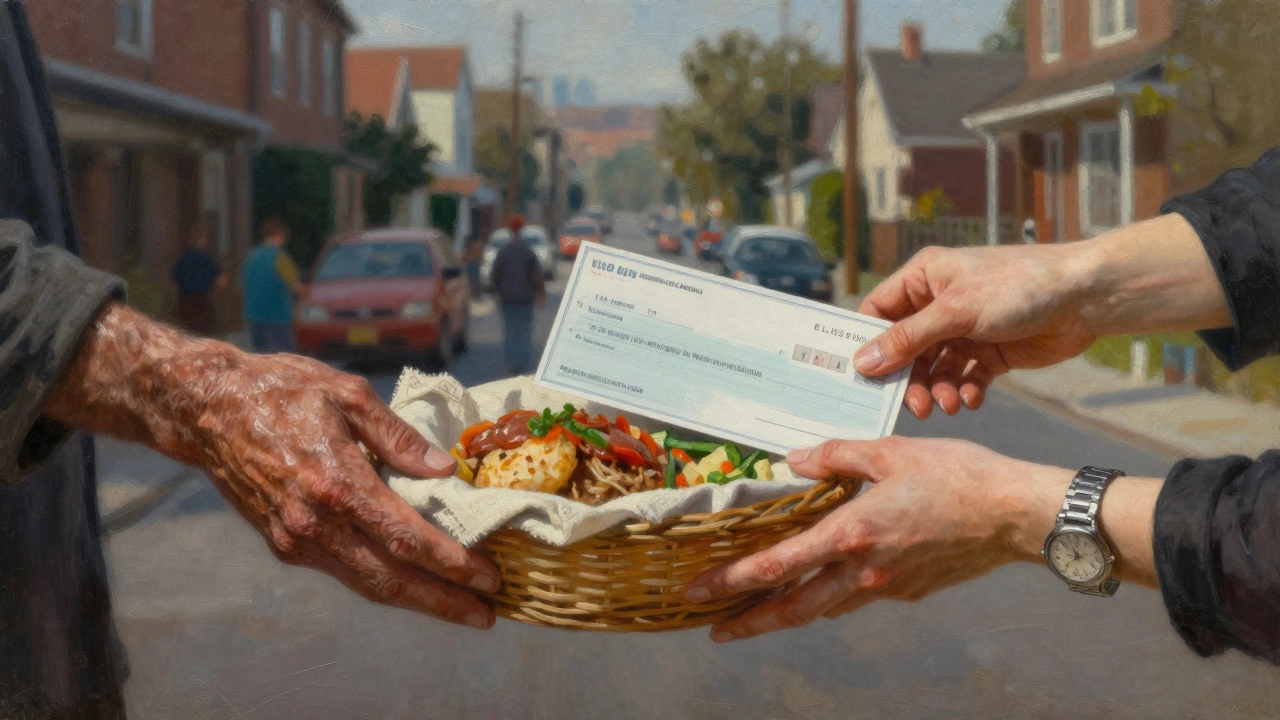 A calloused hand giving food beside a wealthy hand giving a check, symbolizing different forms of charity.