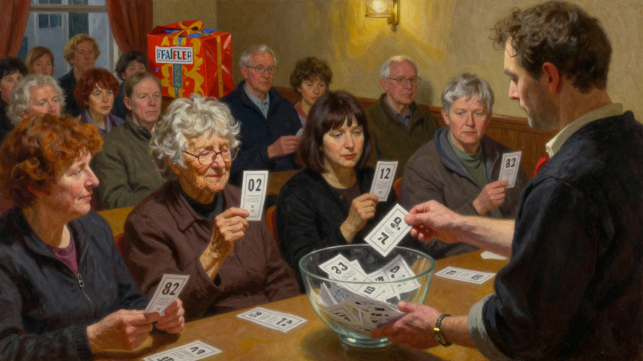 A crowd watches anxiously as a number is drawn in a reverse raffle, one elderly woman holds her ticket with a smile.