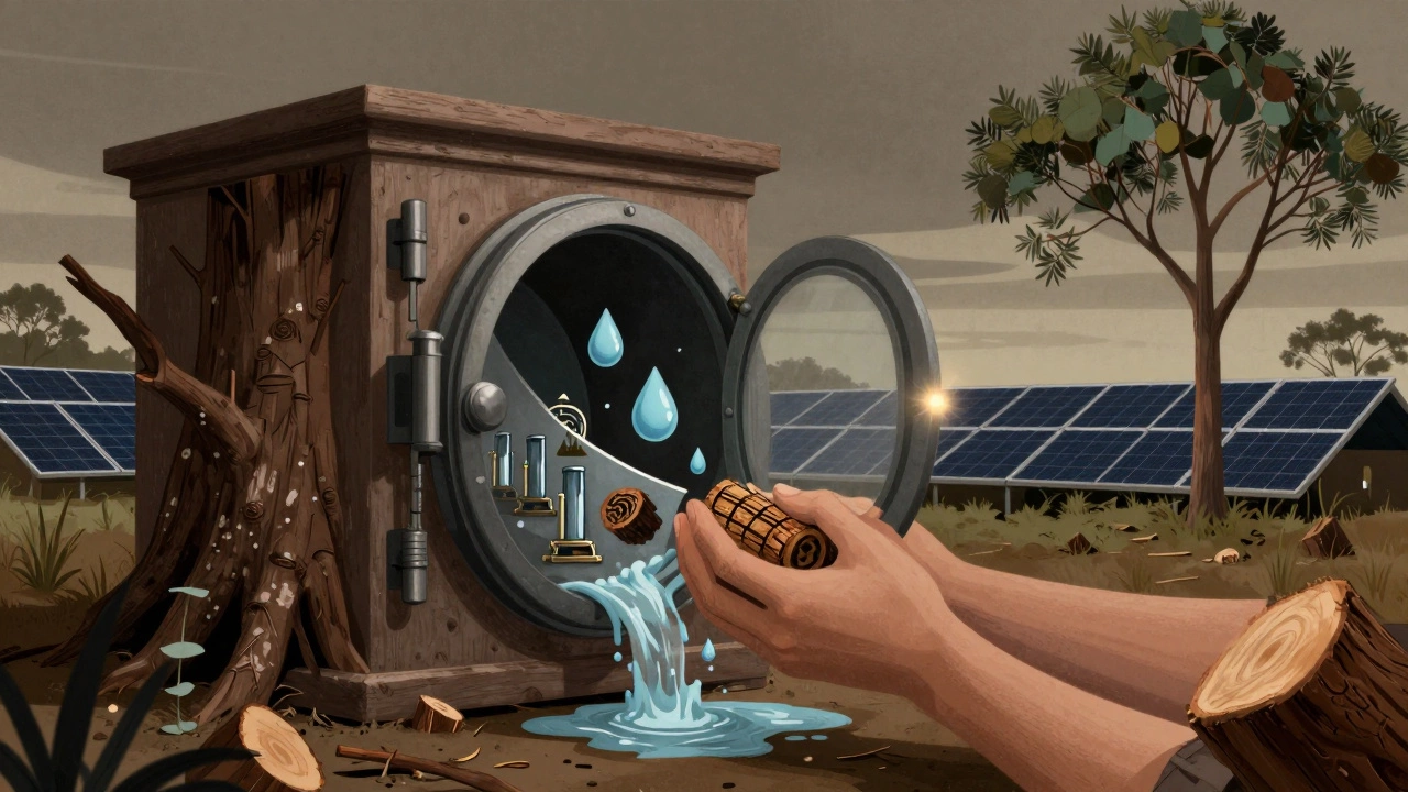 A crumbling vault made of trees, water, and fossil fuels being overdrawn, with solar panels in the distance.