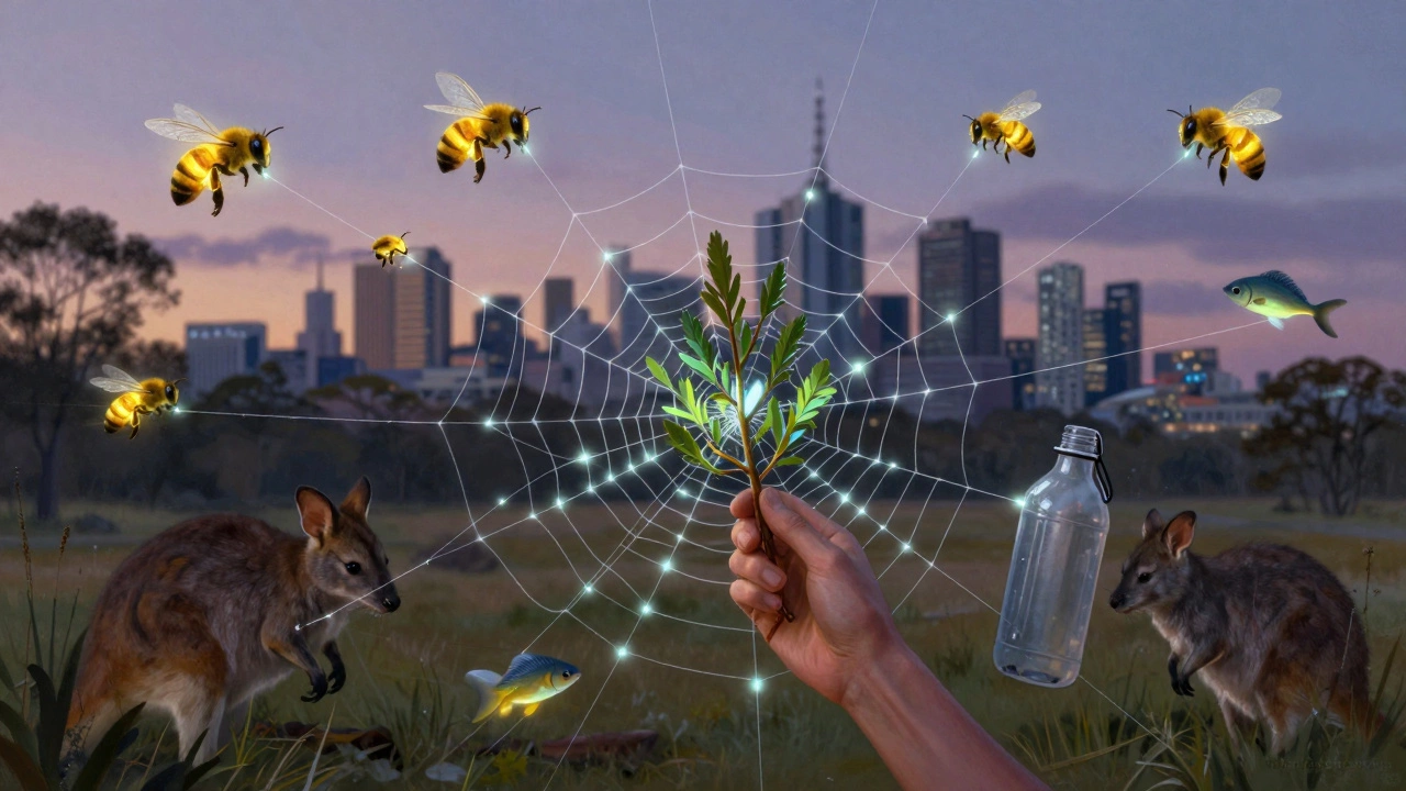 A fragile web of native animals breaking apart, with a hand mending it using a plant and reusable bottle.