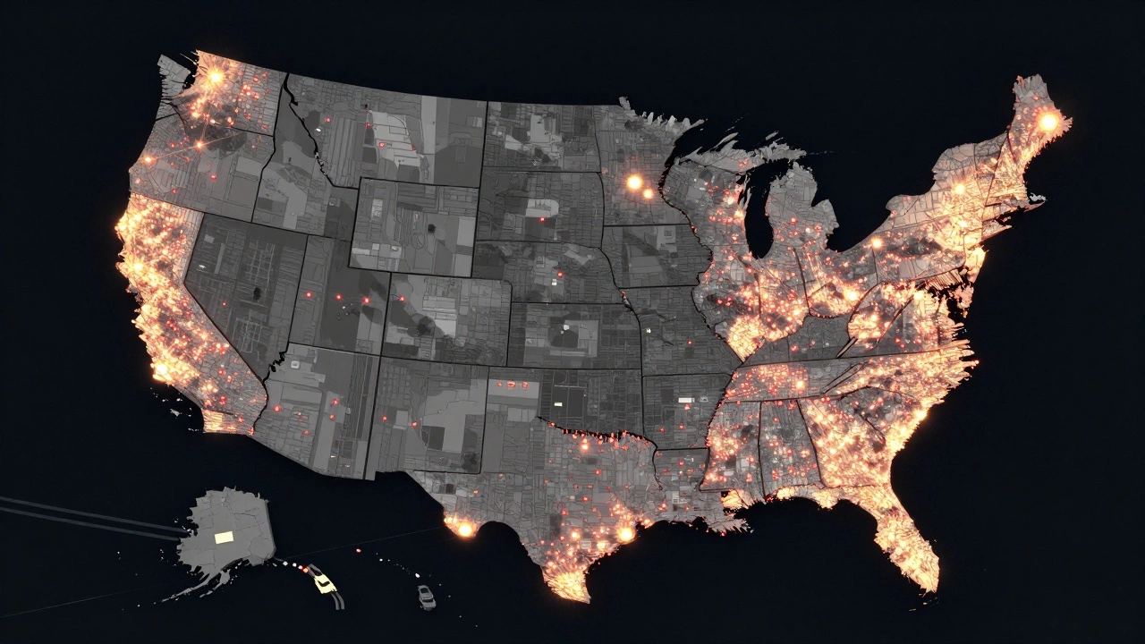 A map of the U.S. showing homeless population clusters spreading into rural areas.