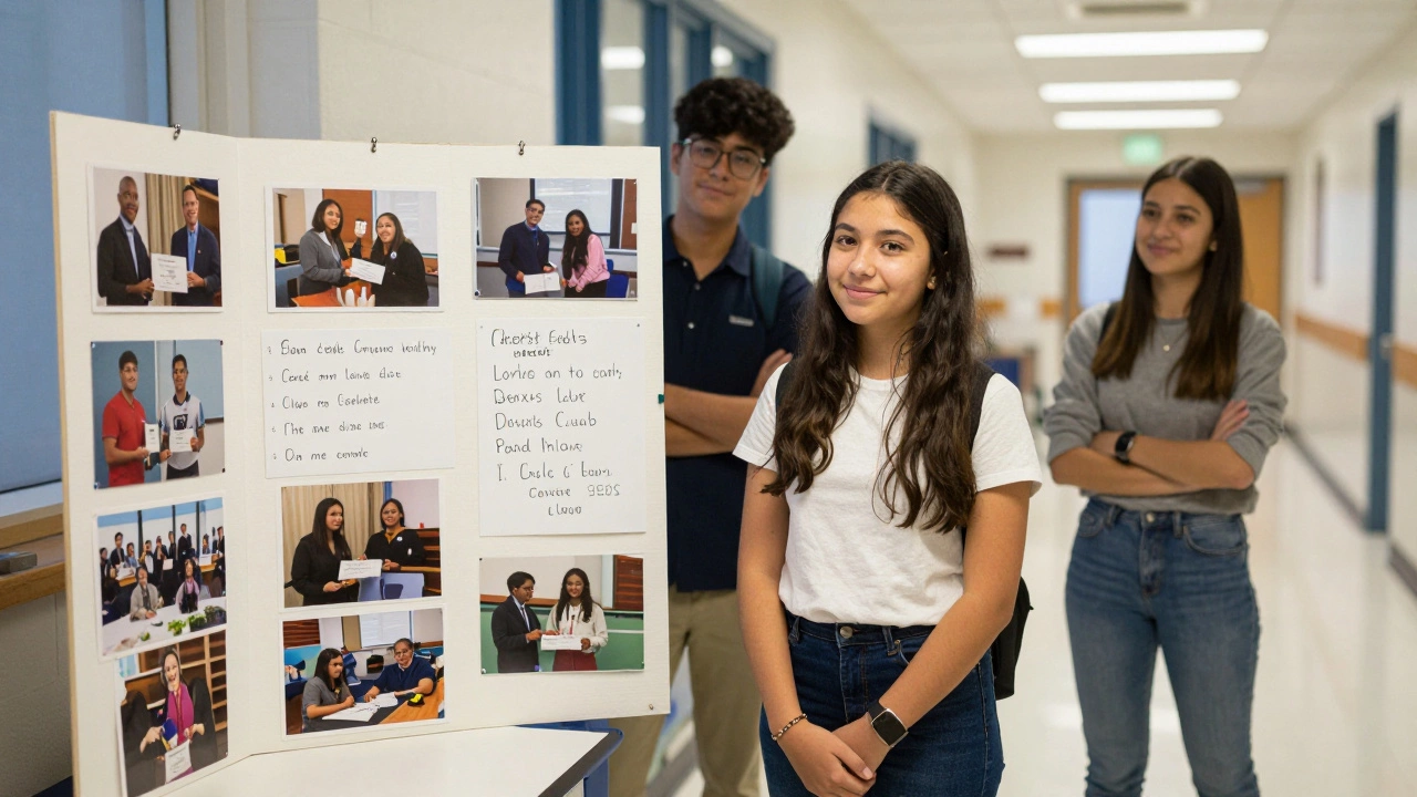 A student-made display in a school hallway showing club achievements and a powerful quote.