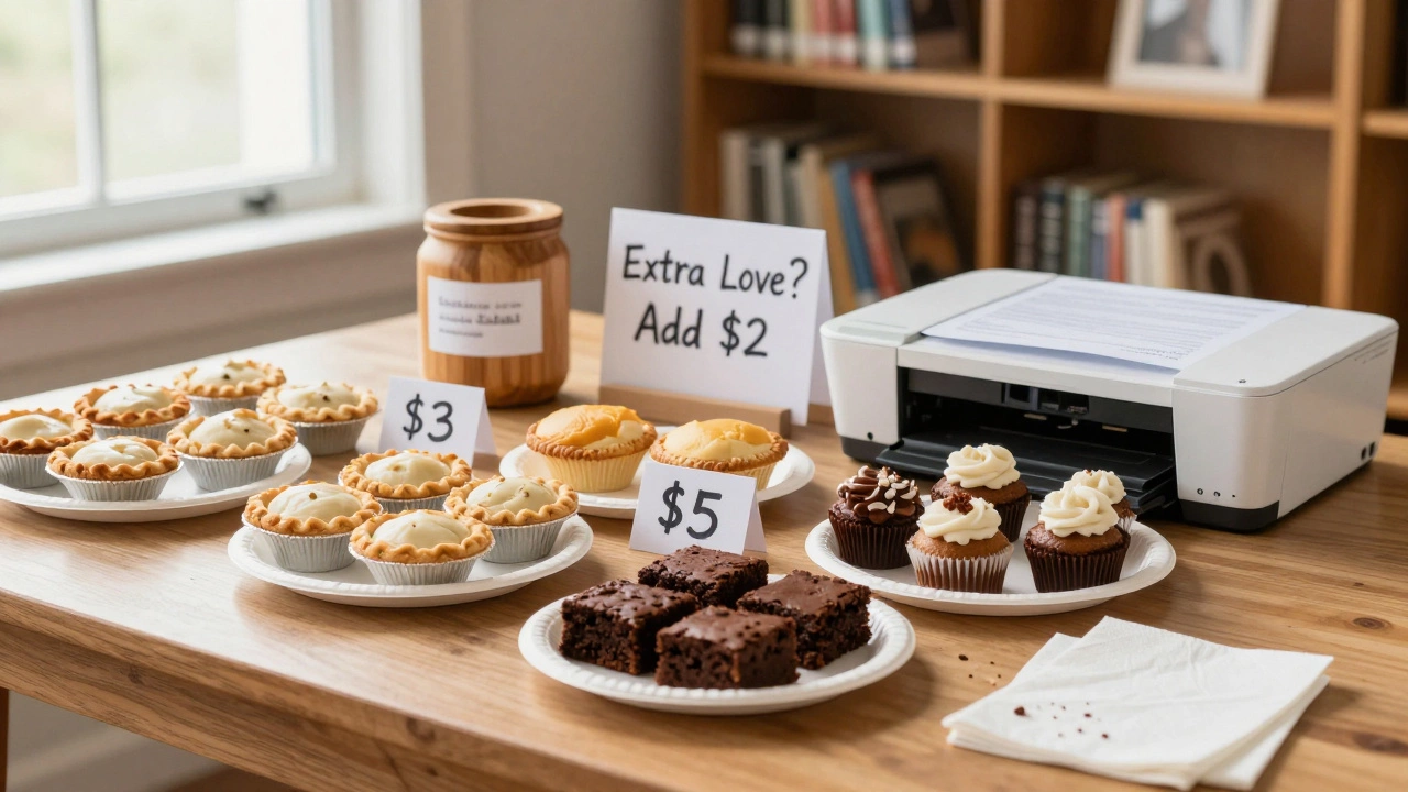 Bake sale table with mini pies, brownies, and a donation jar on paper plates.