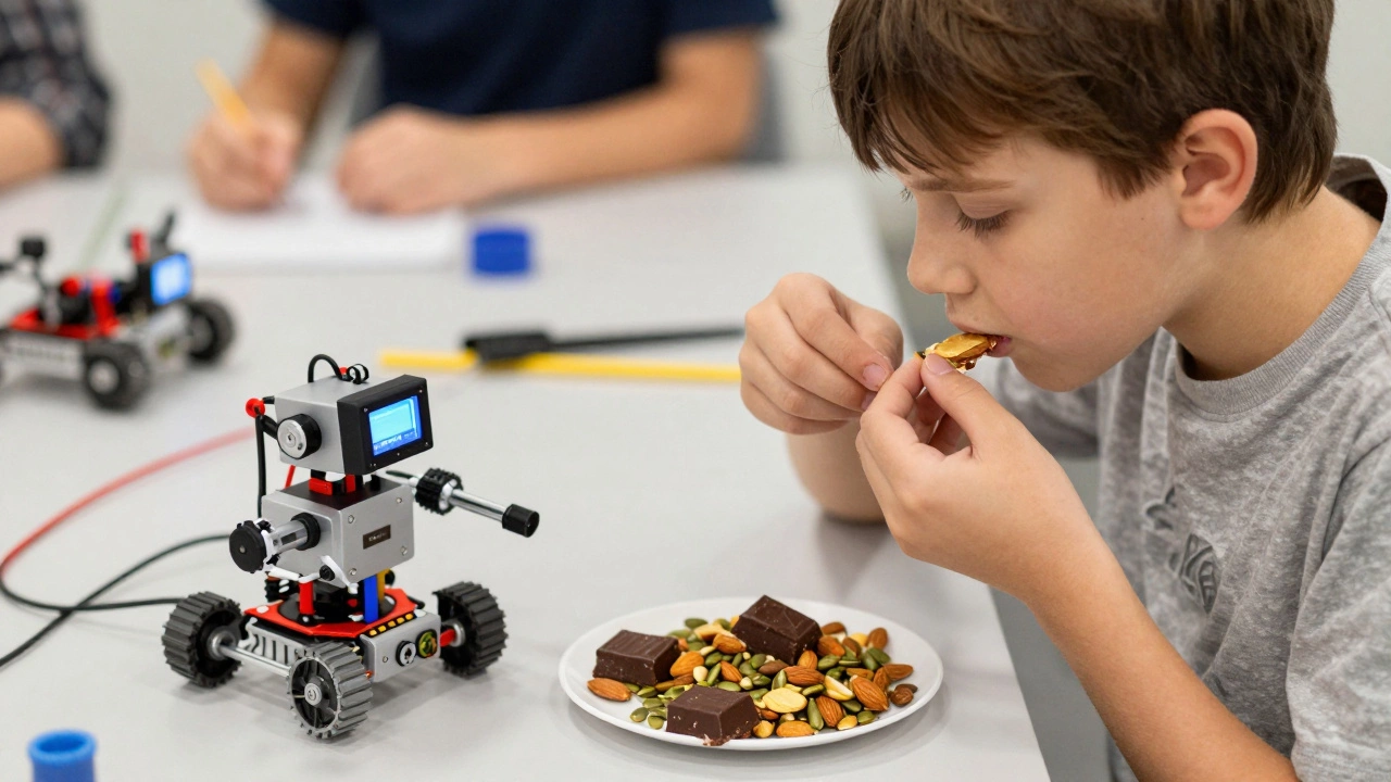 Child eating trail mix at robotics club, focused on a small robot project.