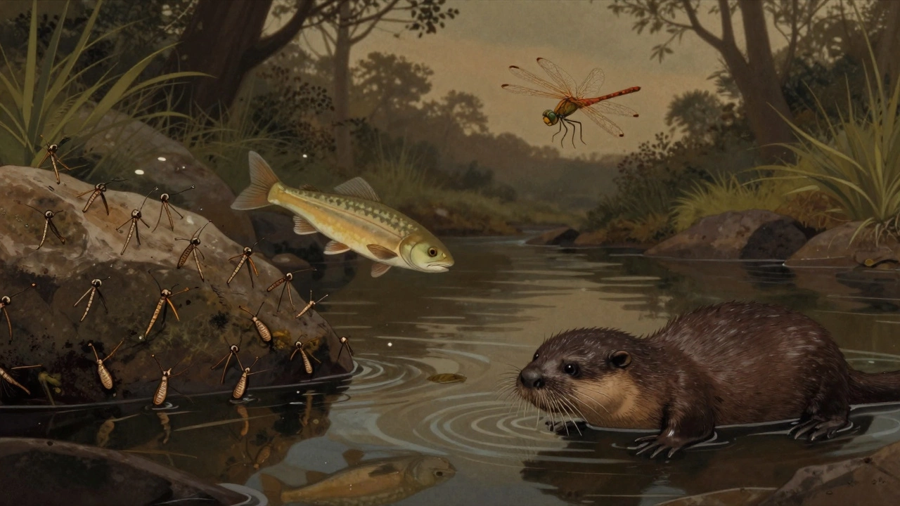 Creek ecosystem with mayfly larvae, fish, dragonfly, and platypus, illustrating the food chain's energy flow.