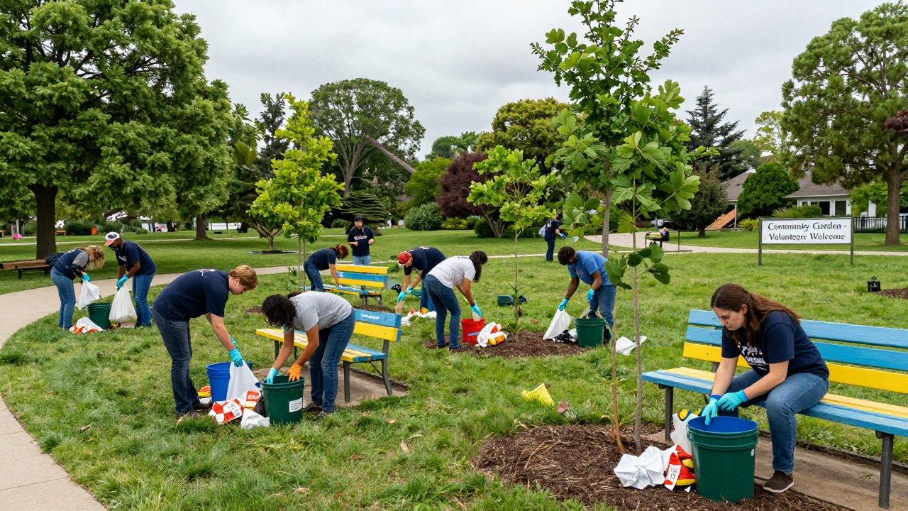 Diverse volunteers cleaning a park and planting trees on a Saturday morning.