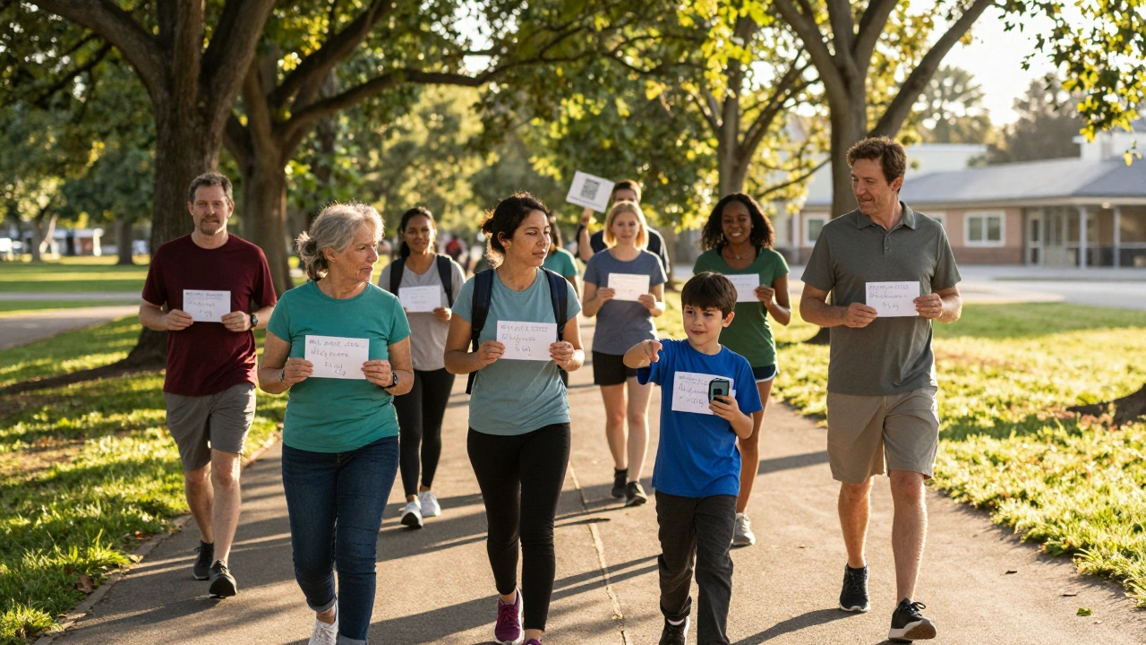 Families walking together in a park during a sponsor-based walk fundraiser.