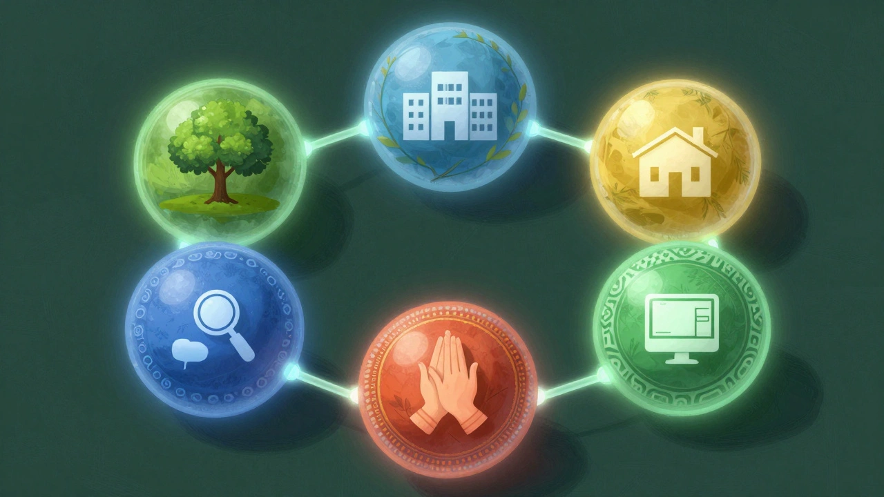 Five glowing spheres connected by threads, representing interconnected environments.