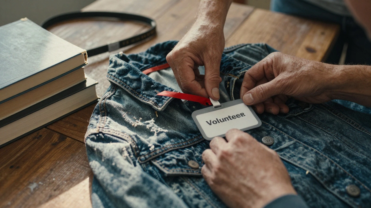 Hands putting on a volunteer name tag beside books and a dog leash in sunlight.