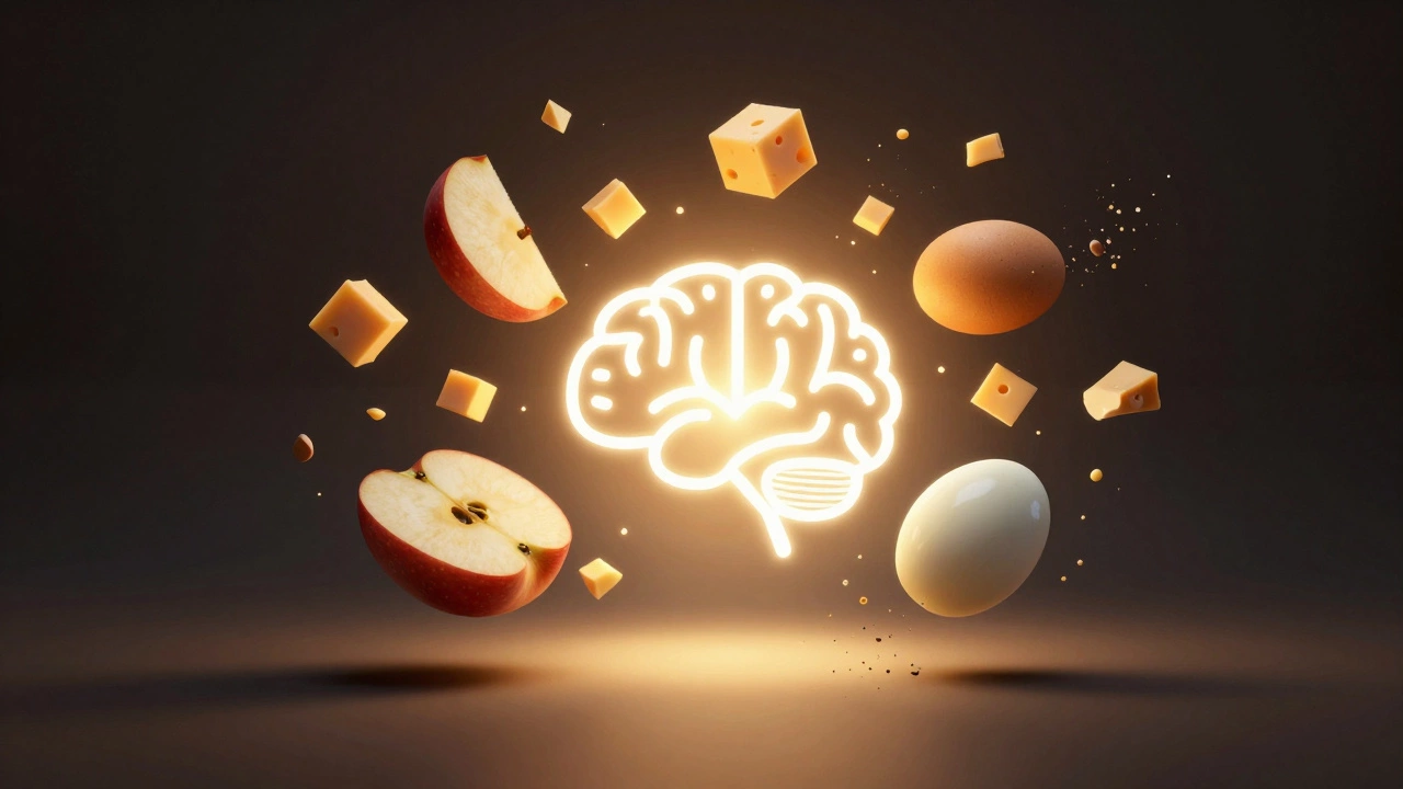 Healthy snacks glowing around a brain, with sugary foods crumbling into dust.