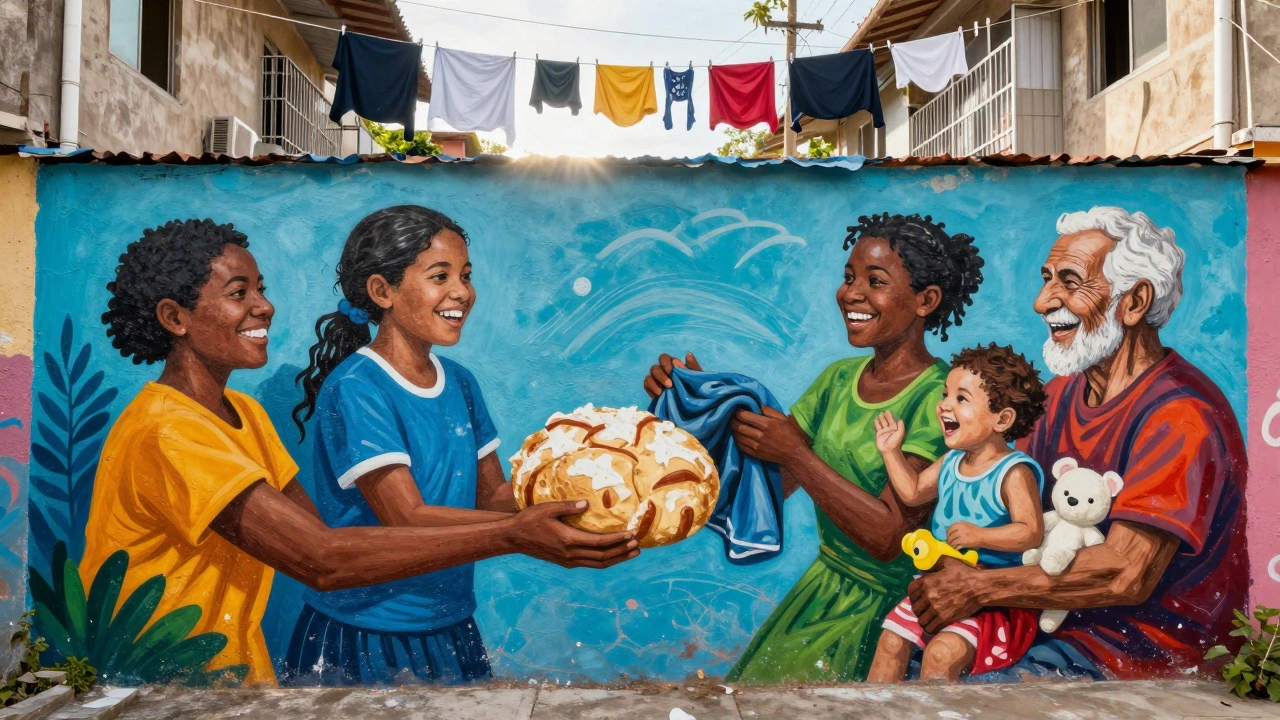 Neighbors exchanging food and clothes in a vibrant community mural, celebrating unseen acts of kindness.
