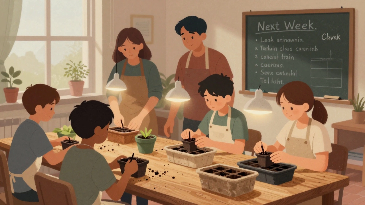 Students planting seeds indoors under grow lights, with older students mentoring younger ones.