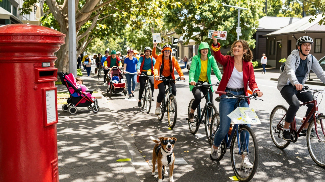 Teams in costumes solve scavenger hunt clues at a colorful neighborhood checkpoint with a dog wearing sunglasses.