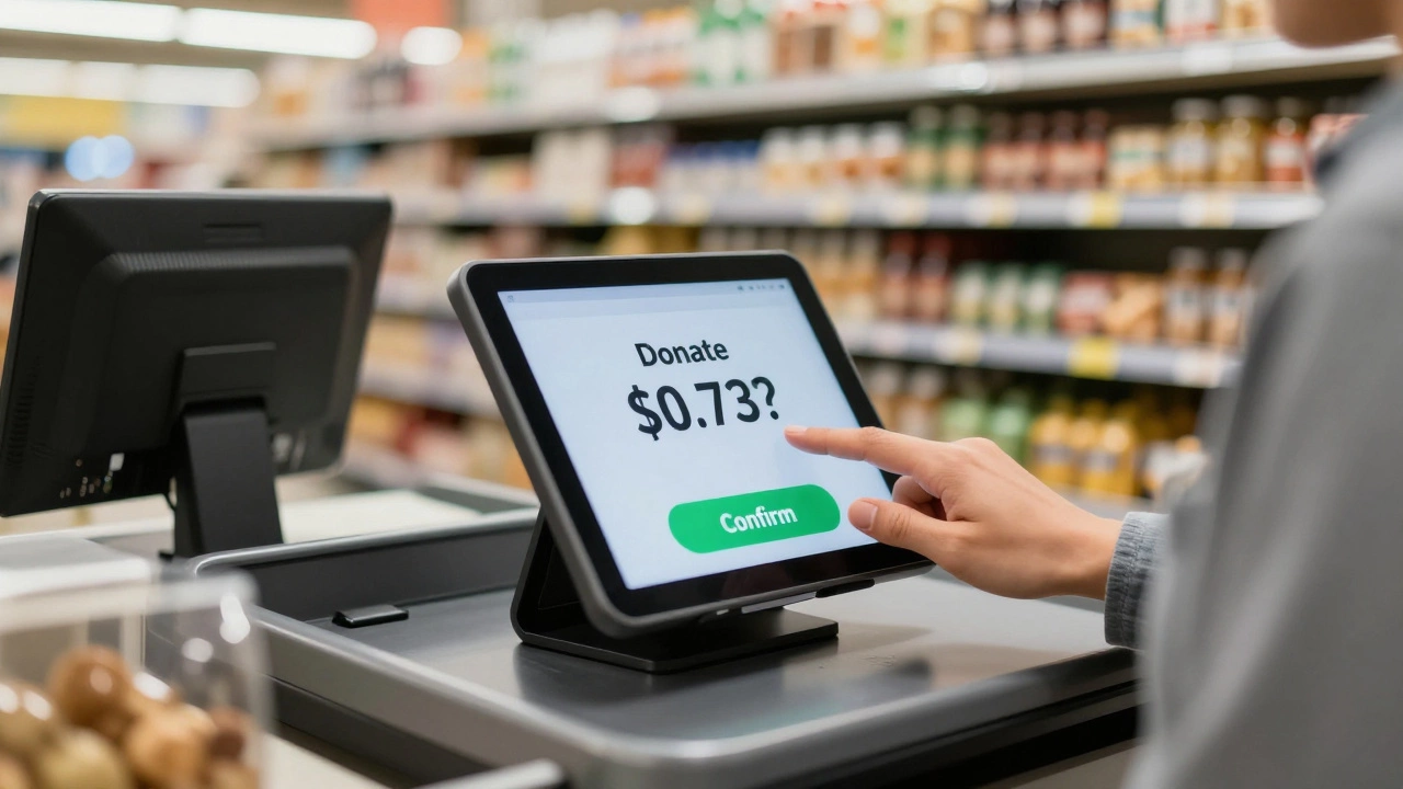 A customer rounding up their grocery bill to donate spare change at checkout.
