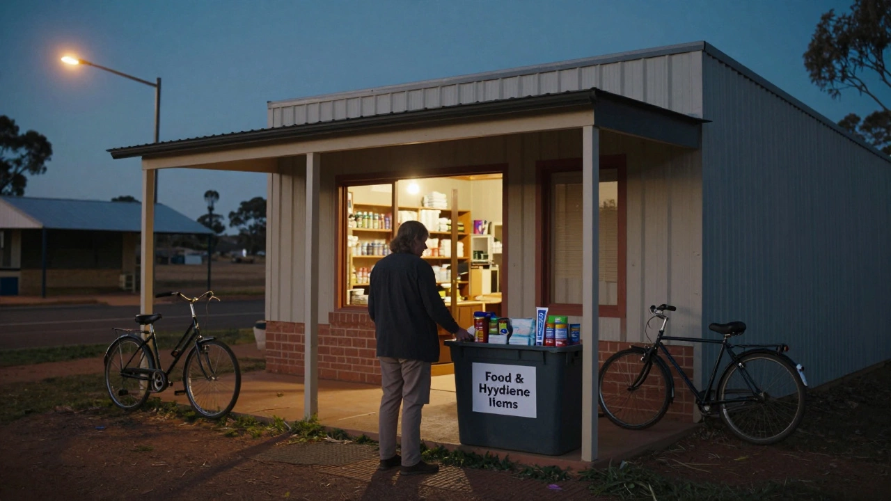 A donation bin outside a rural pantry filled with food and hygiene items at dusk.