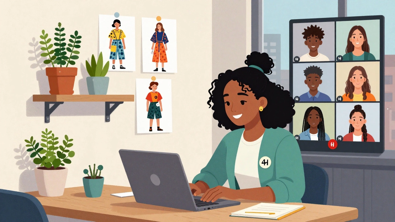 A girl coding in her apartment with handmade fashion and herbs nearby, video-calling international peers.