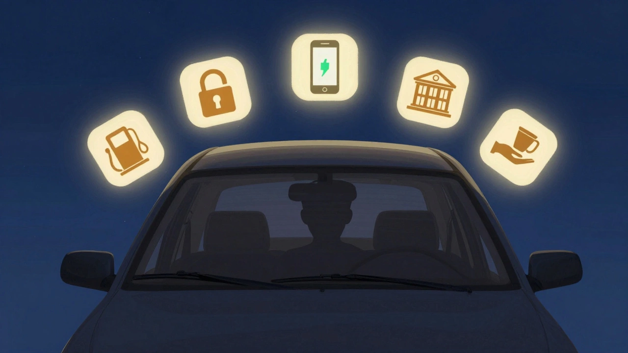 A silhouette inside a car with safety symbols floating around it, illuminated by warm light against a dark night.