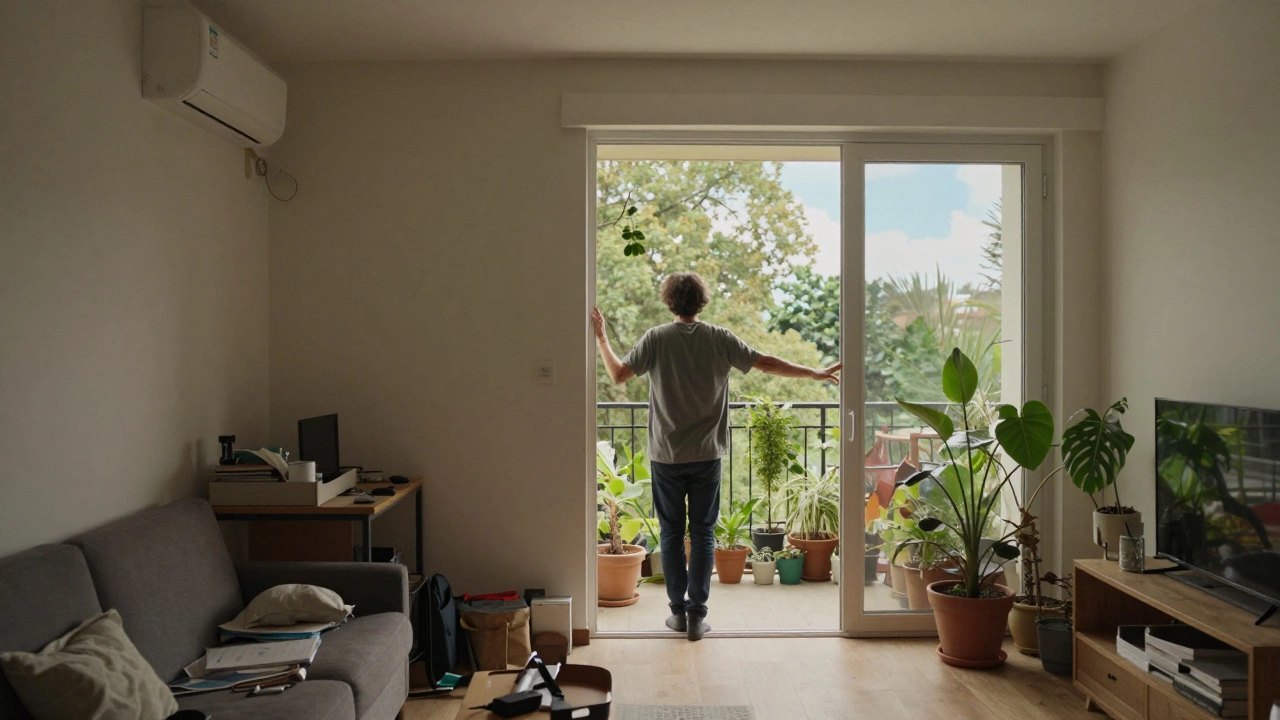 A split image showing a cluttered indoor space transitioning into a green, plant-filled balcony with a view of trees.