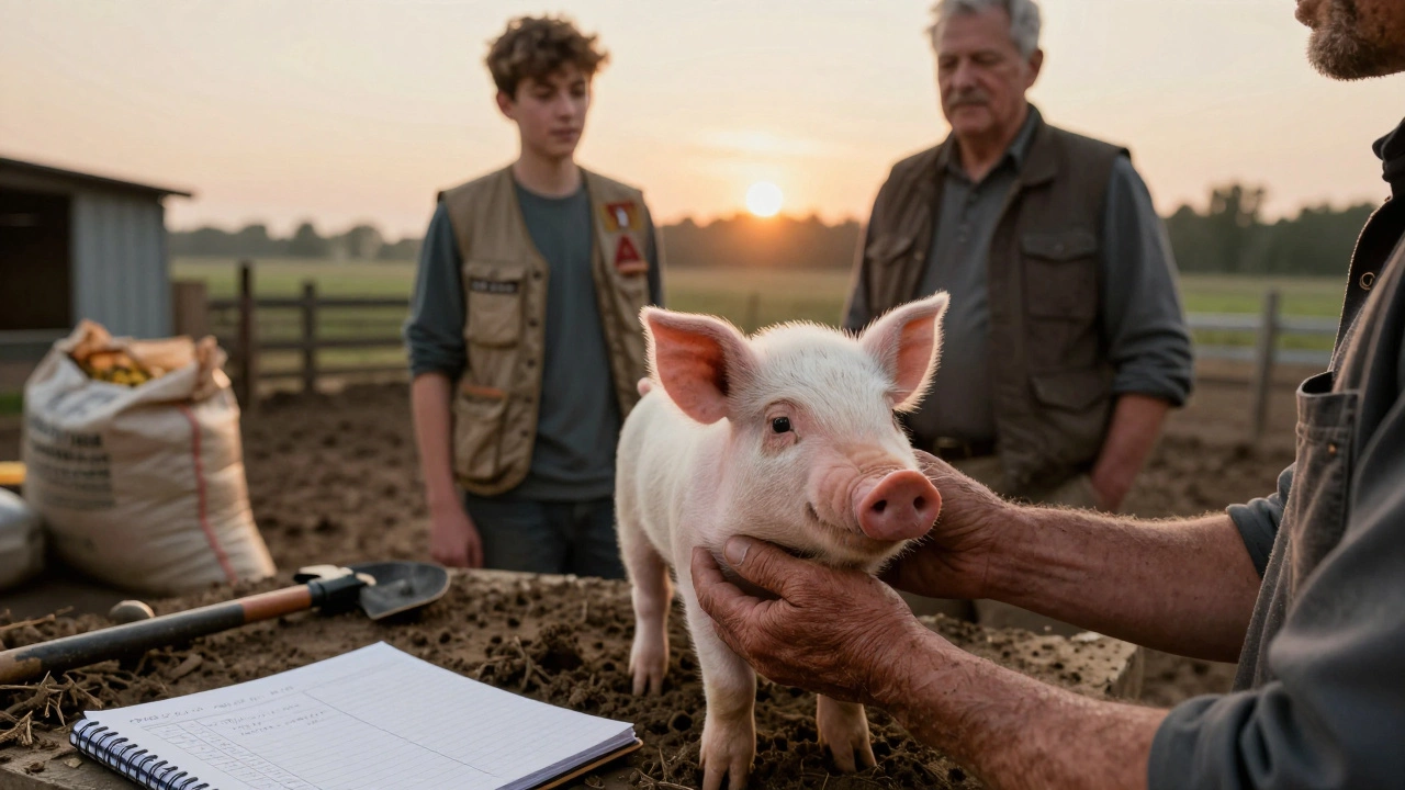 A teen holding a piglet on a farm at sunrise, with mentor nearby and project notes visible.