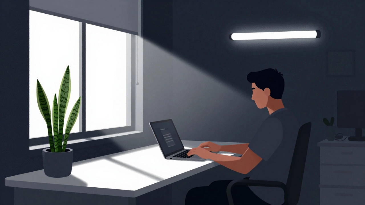 An office desk with natural light streaming in from a window, contrasting with harsh fluorescent lighting, and a snake plant on the desk.