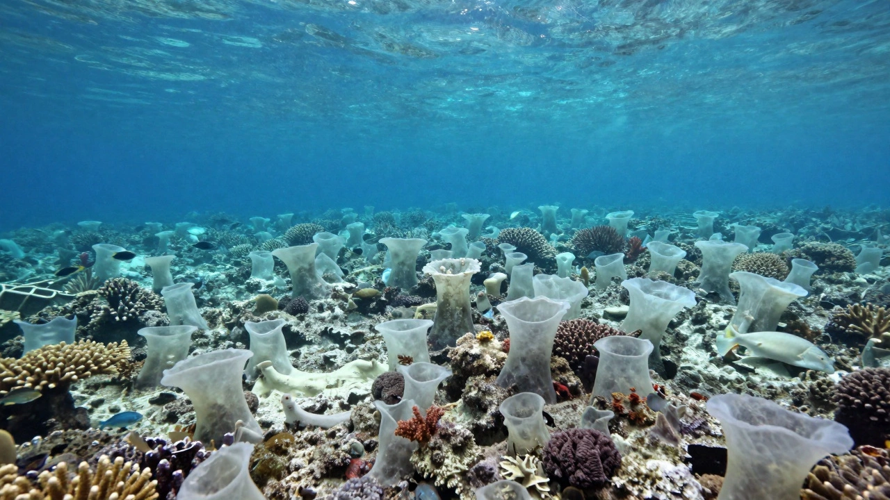 Bleached coral reef in clear blue water with fish swimming away from dead zones.