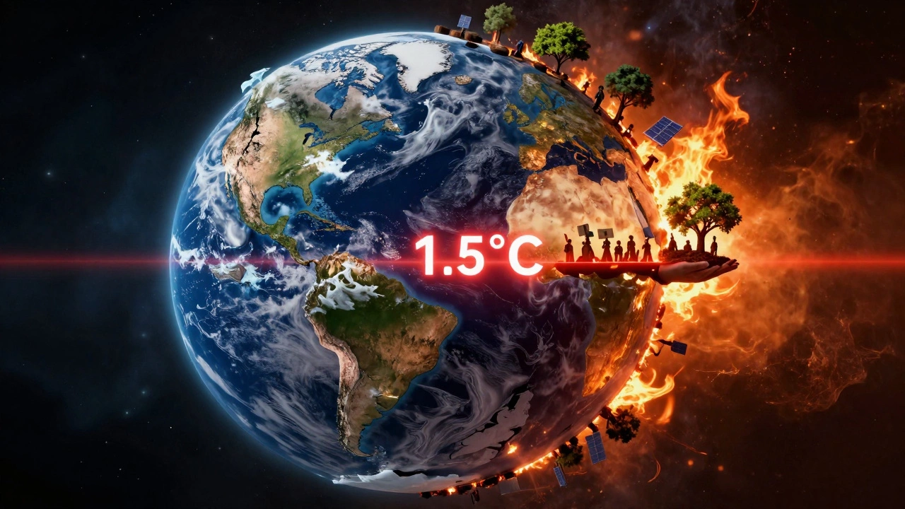Cracked Earth globe showing environmental destruction on one side and human action on the other.