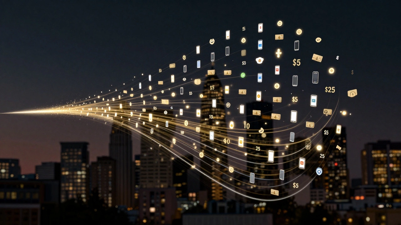 Digital visualization of thousands of small cash donations flowing across a city skyline.