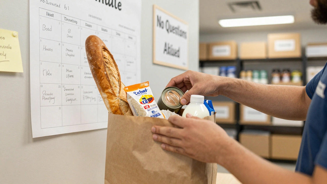 Hands packing a food bag with rice, tuna, bread, and milk in a quiet pantry setting.