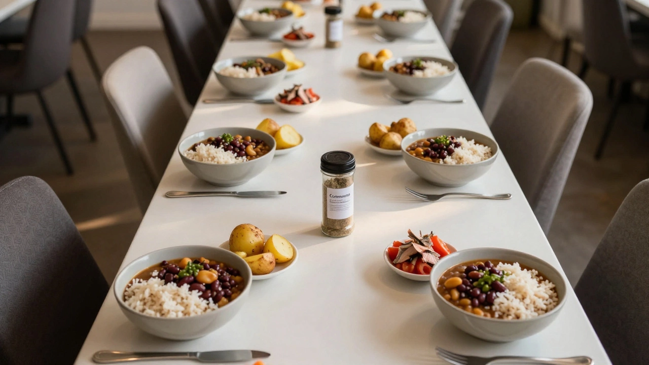 Long dining table with bowls of humble meals, symbolizing nourishment for many.