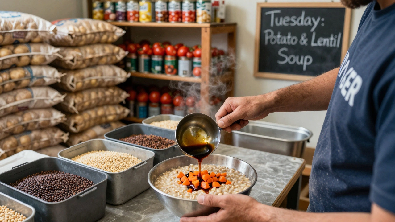 Volunteer serving oatmeal with vegetables in a community kitchen lined with food supplies.