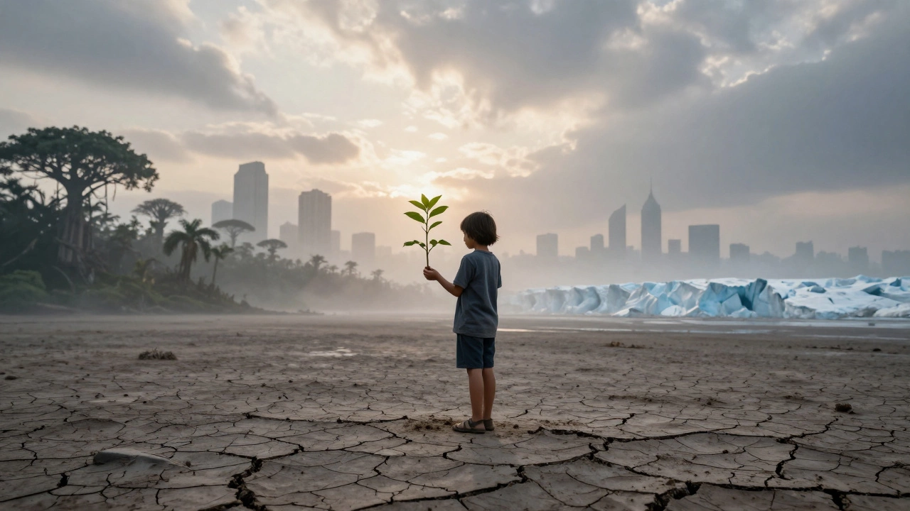 A child holding a sapling at the edge of a barren land with ghostly images of environmental destruction behind.