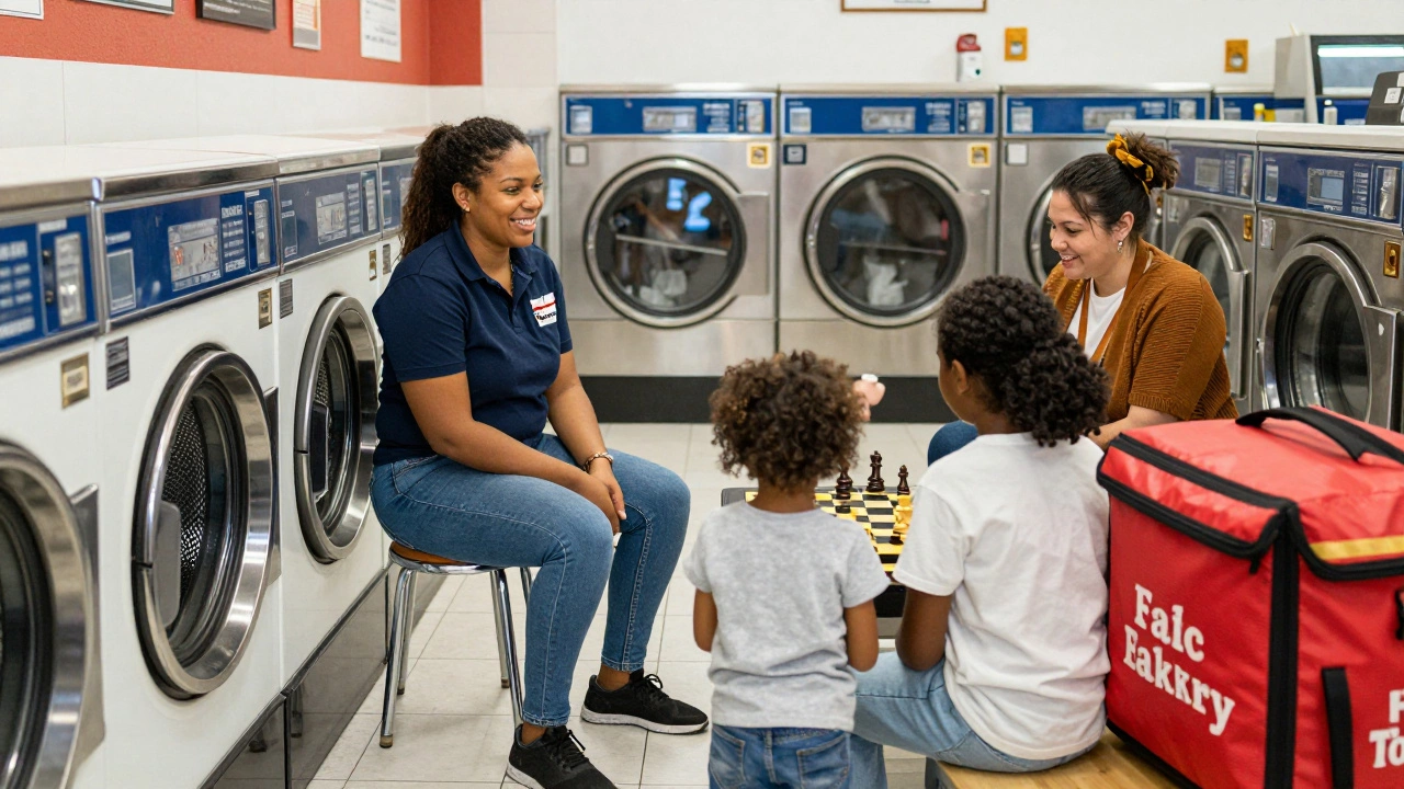 A community liaison listening to a mother in a local laundromat, surrounded by everyday neighborhood life.