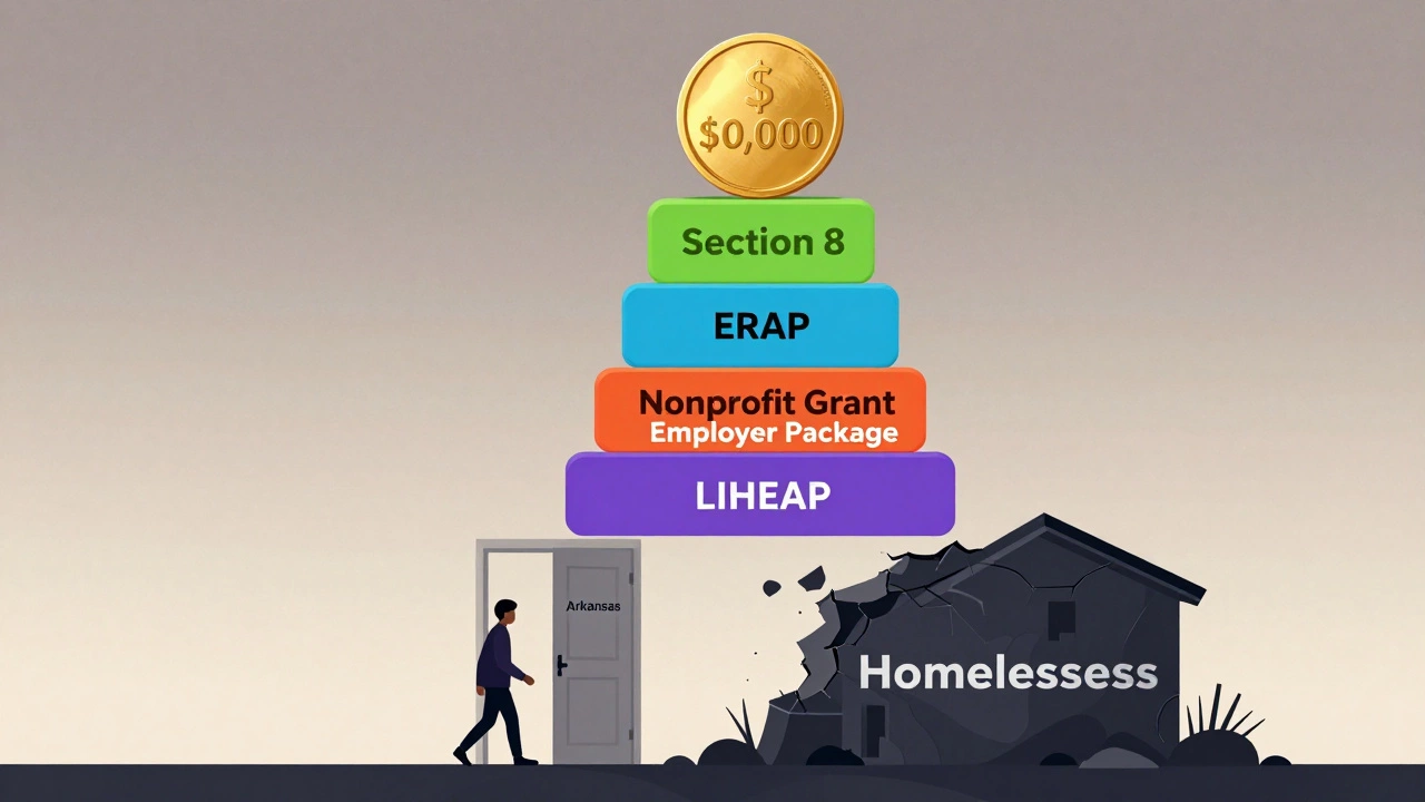 A pyramid of assistance programs rises to a ,000 coin as a person walks from homelessness toward a new beginning in Arkansas.