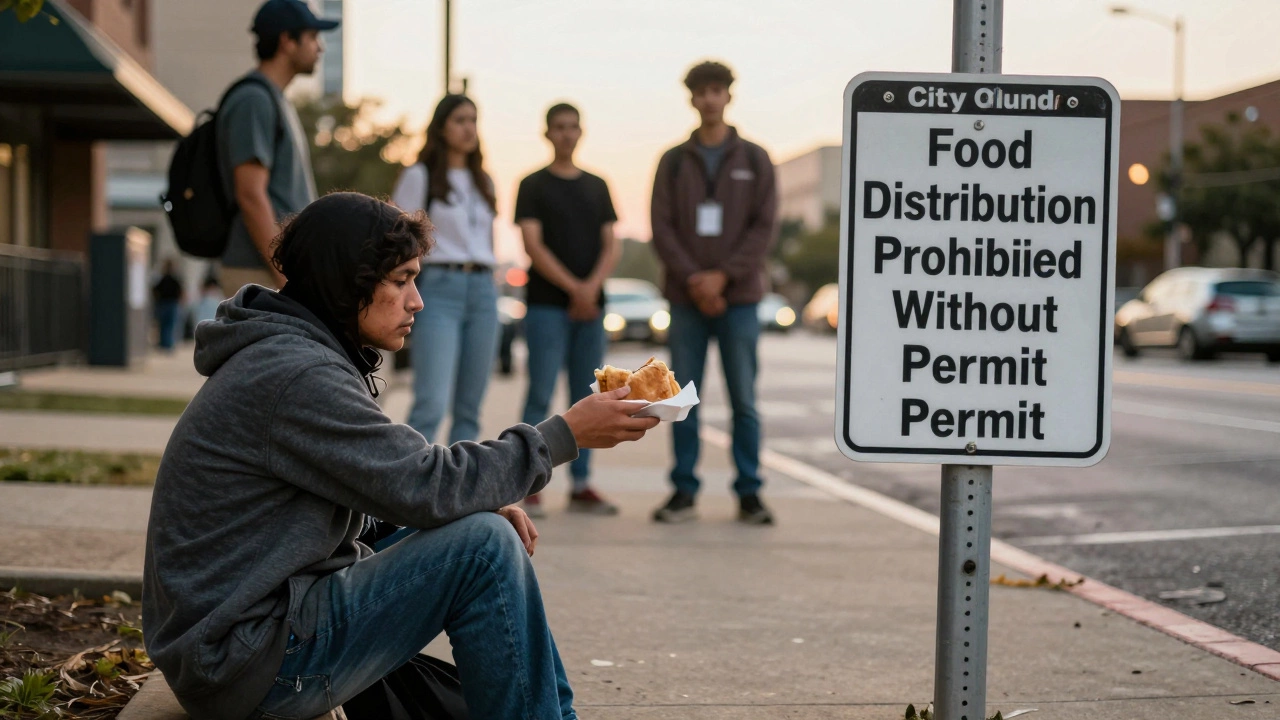 A volunteer giving food to a homeless person as a 'no food distribution' sign looms nearby.