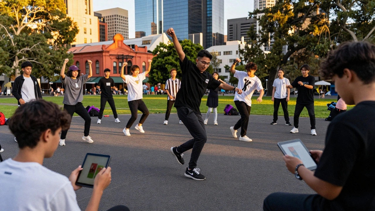 Students dancing and using tablets for digital storytelling in Melbourne park