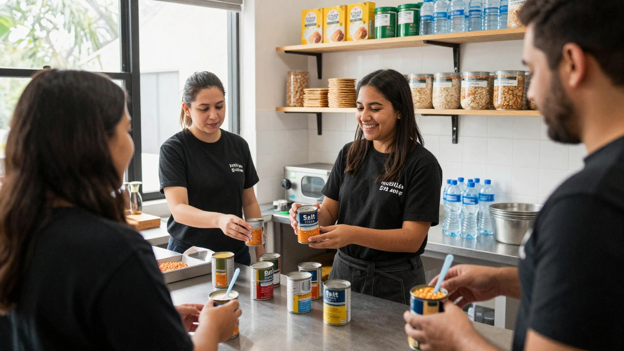 Volunteers distributing canned beans and oatmeal at a shelter kitchen.