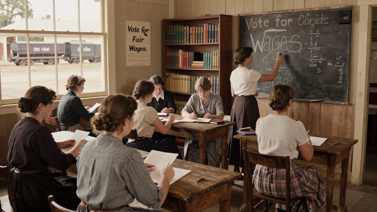 Women teaching literacy to factory workers in an Australian miners’ club, with books and labor rights posters visible.
