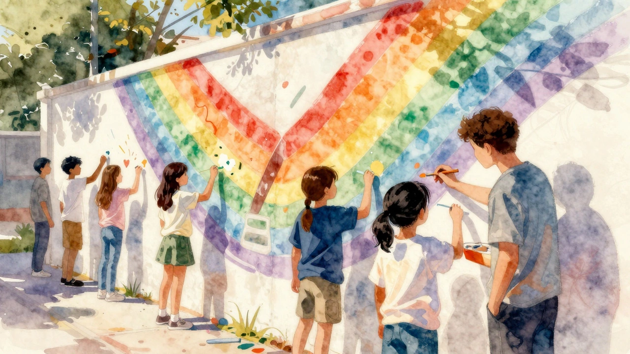 Youth painting social justice-themed mural with local artist in Collingwood