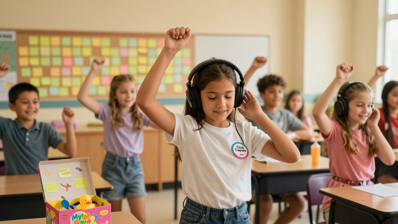 A girl leading a silent disco as club captain, with praise notes on the wall.