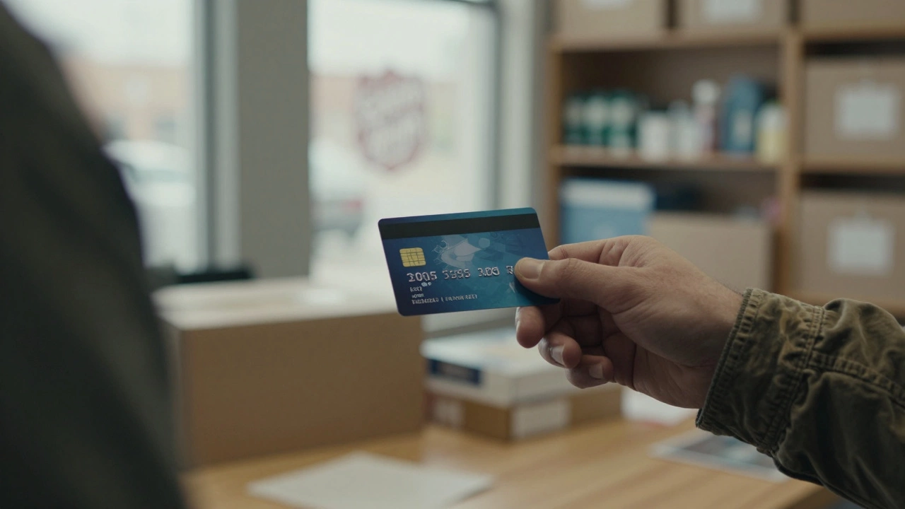 A prepaid debit card with ,000 balance being handed to someone in need.