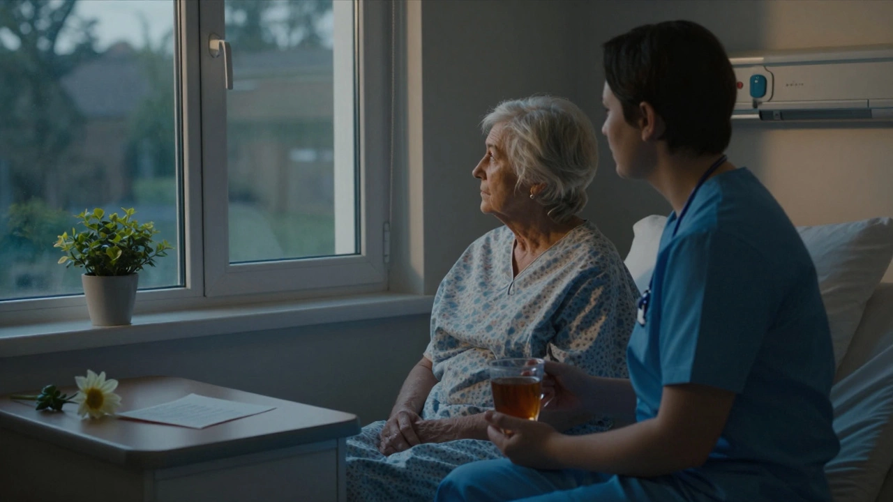 A volunteer sitting quietly beside an elderly patient in a hospital room, offering quiet companionship.
