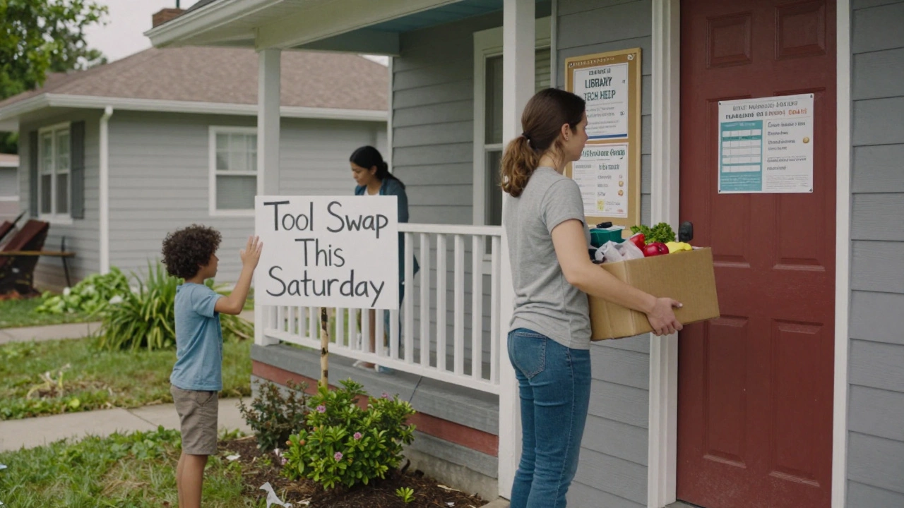 A woman delivering groceries to a neighbor, with a community bulletin board visible in the background.