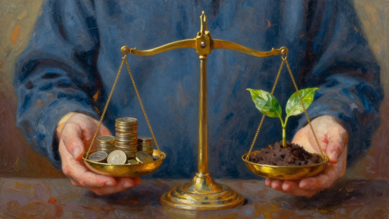 Hands balancing a scale with coins and a growing plant.