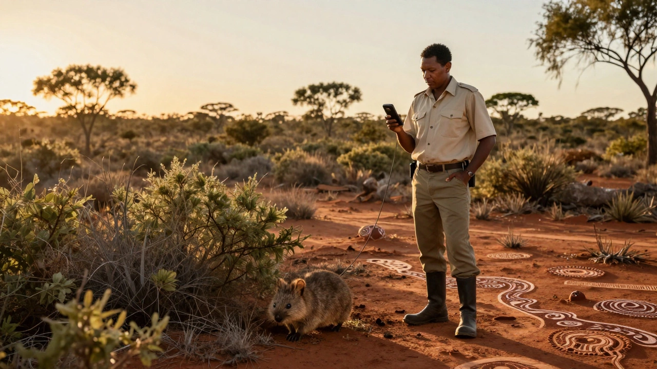 Indigenous ranger with a bilby in a protected bushland reserve at sunset